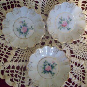 Three Pretty Pink Flower and Gold Trim Fluted Mini Bowls- Made in Japan